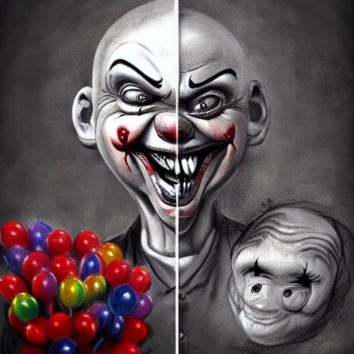 Image similar to surrealism grunge cartoon portrait sketch of the chucky with a wide smile and a red balloon by - michael karcz, loony toons style, pennywise style, horror theme, detailed, elegant, intricate