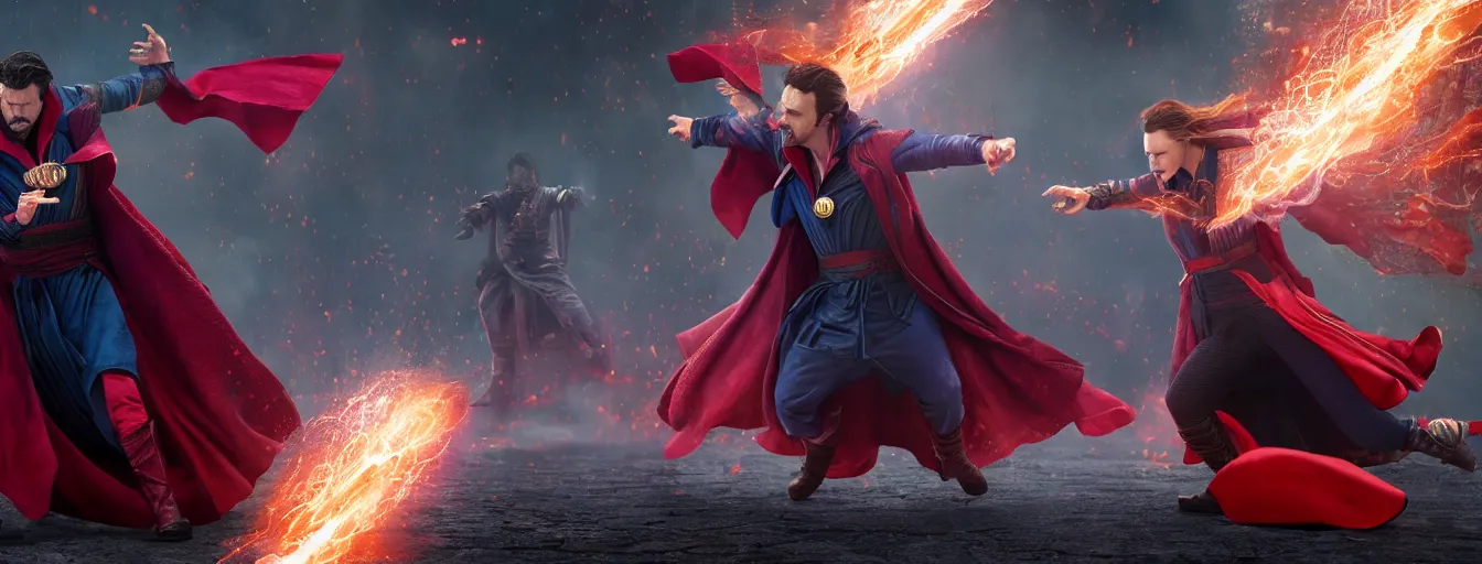 Image similar to Action sequence still of Doctor Strange and Scarlet Witch on the battlefield, fighting, Trending on artstation, photorealistic image, photorealistic imagery, 4k, 8k, movie still, action still