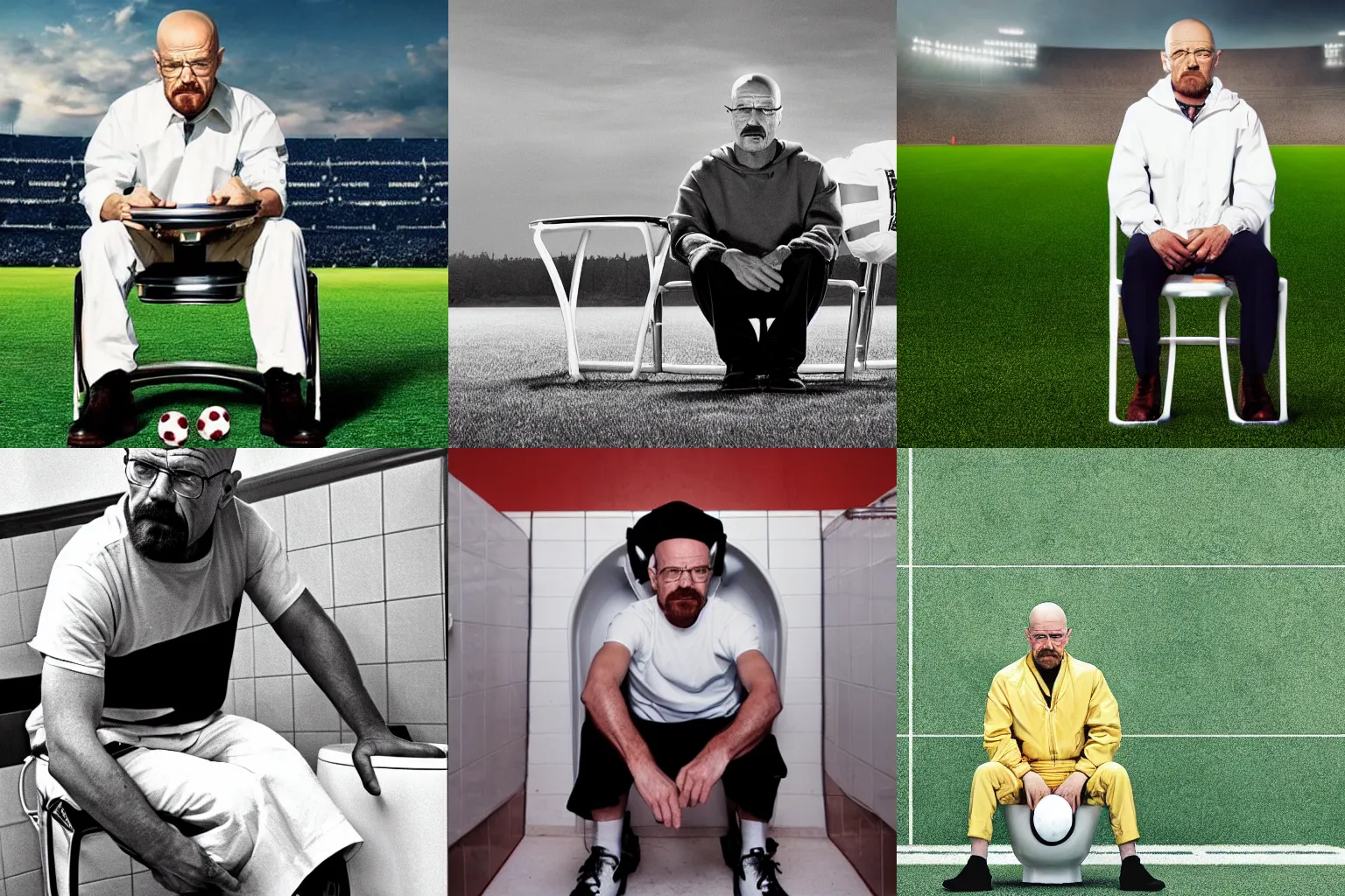Prompt: a professional photo of walter white sitting on a toilet in a middle of a football field, fine professional photo