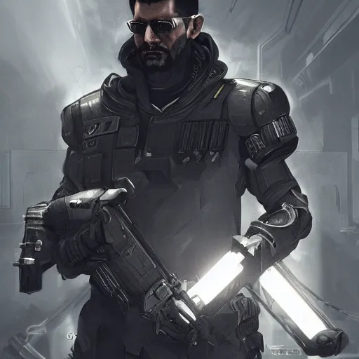 Image similar to Adam Jensen from Deus Ex as Gigachad, by Cedric Peyravernay, highly detailed, hyperealism, dramatic, cinematic concept art, dramatic lighting, trending on ArtStation