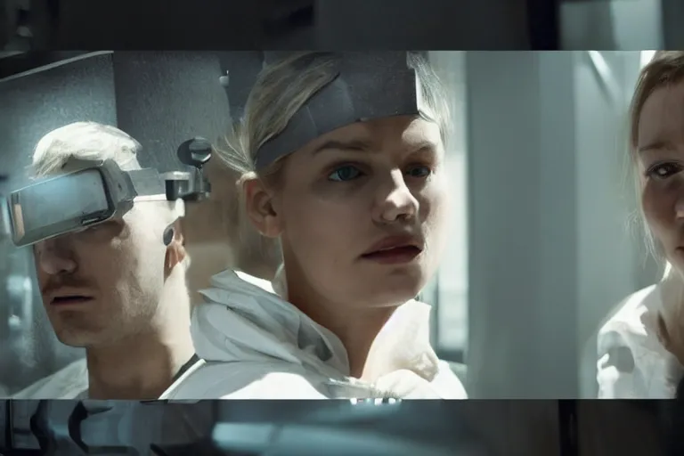 Image similar to movie closeup polar opposites, couple, researchers in a futuristic weapons lab, beautiful skin, Symmetrical faces. Beautiful lighting by Emmanuel Lubezki