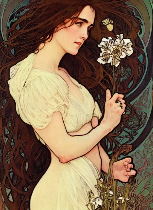 Prompt: a beautiful painting of jennifer connelly by alphonse mucha and rebecca guay and john william waterhouse and mark brooks, art noveau, neo-classical, trending on artstation