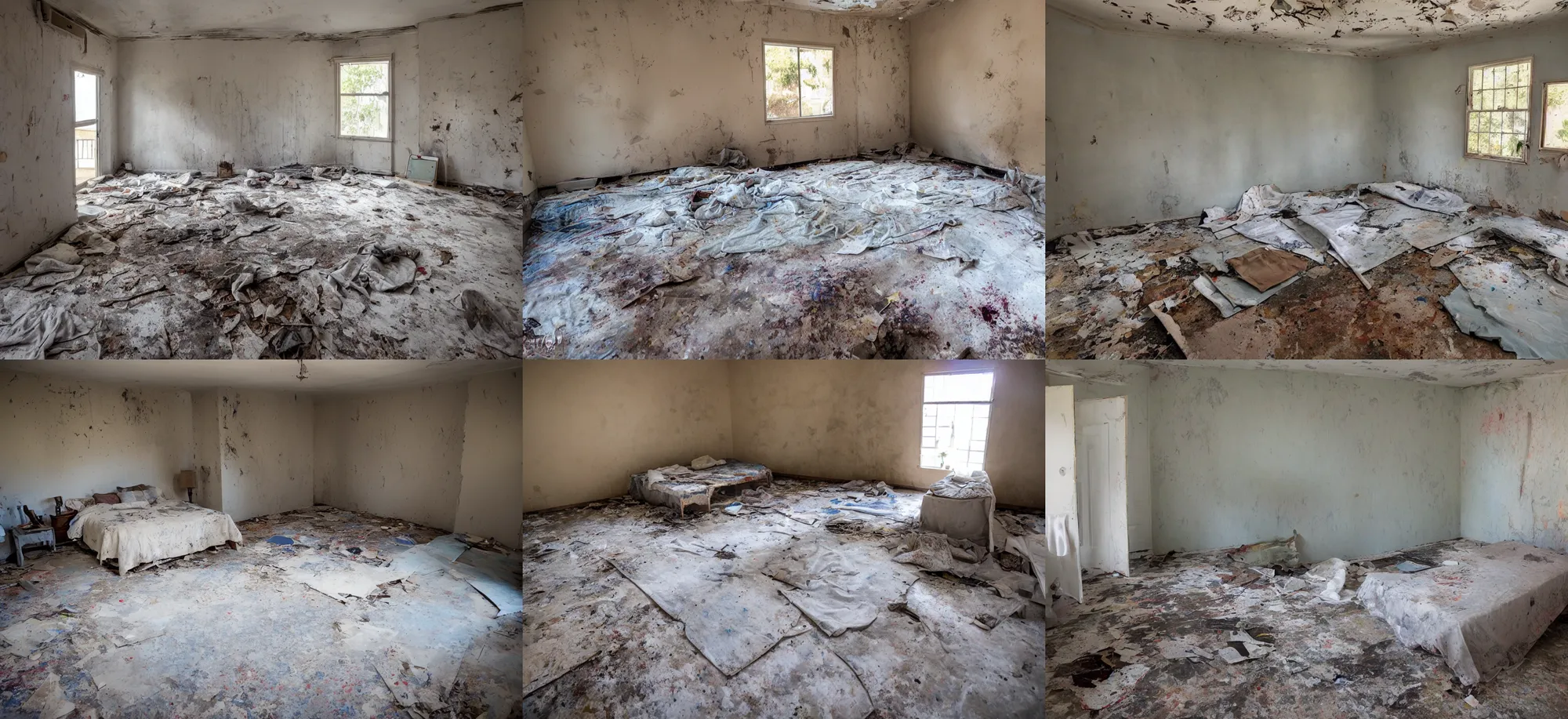 Prompt: abandoned bedroom with scraped paint and damp mattresses, suburban SoCal