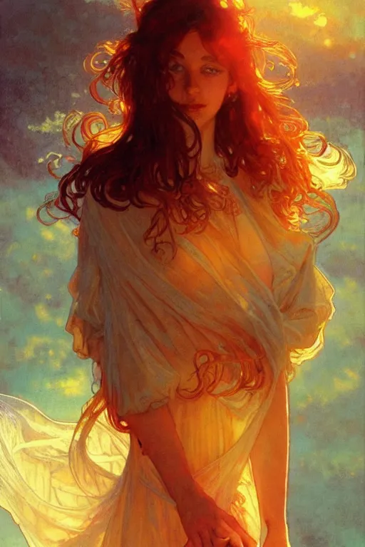 Image similar to glossy liquid honey drops flowing like translucent amber, backlit, sunset, refracted lighting, art by collier, albert aublet, krenz cushart, artem demura, alphonse mucha