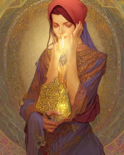 Image similar to an open quran highly detailed, gold filigree, romantic storybook fantasy, soft cinematic lighting, award, watercolor illustration by mandy jurgens and alphonse mucha and alena aenami, pastel color palette, featured on artstation