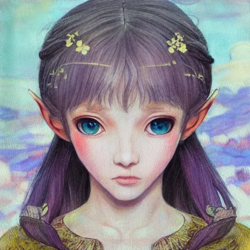 Image similar to little elf girl, tunic, soft hair. light color palate, purple, yellow and white. detailed soft painting, ayami kojima, made in abyss, anatomically correct, inspired in balthus, high detailed face anime, vogue magazine, realistic painting