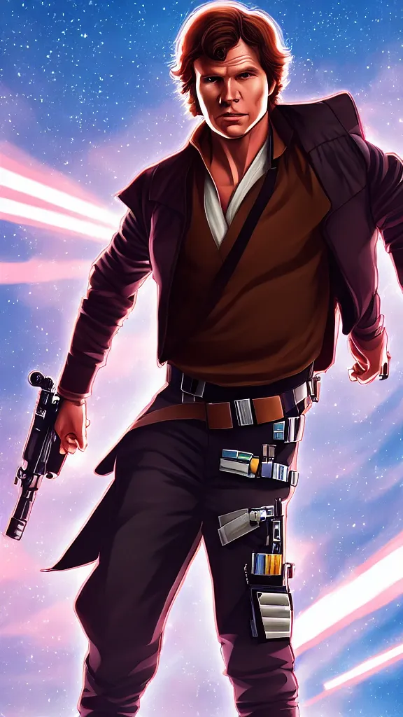 Image similar to a portrait of han solo as an anime character. action pose, inside a sci - fi hallway. color harmony, 8 k detail, gallery quality, hd wallpaper, premium prints available, hyper - detailed, intricate design.