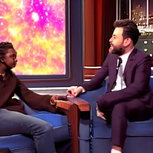 Prompt: a supernova being interviewed on the jimmy kimmel show