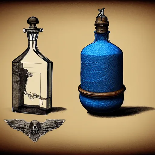 Image similar to ancient flask contains life and death essence, skull and wings cap top, blueprint drawing, concept art, raytracing