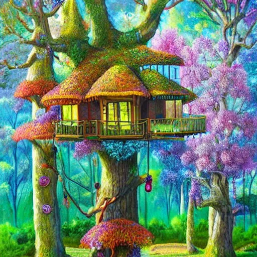 Image similar to fancy treehouse mansion in forest of colorful furry trees and furry flowers detailed magical realism painting