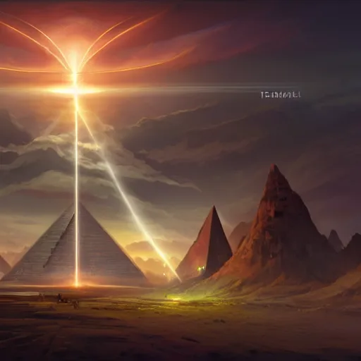 Prompt: ultradetailed pyramid structure emitting an energy beam into the atmosphere to terraform planet by peter mohrbacher and emmanuel shiu and martin johnson heade and bastien lecouffe - deharme