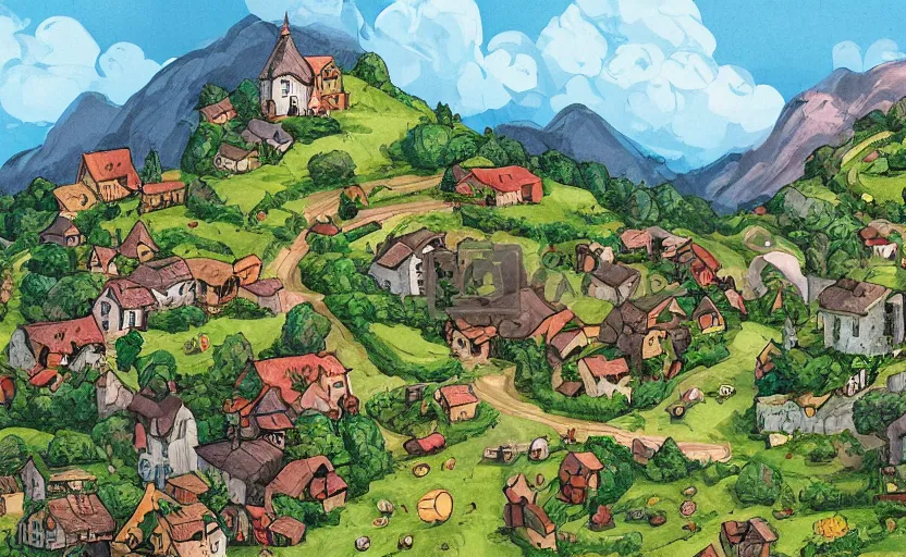Image similar to a small village in a valley, villagers busy farming, a dragon in a distance, storybook, gouache, flat, concept art, lush, print