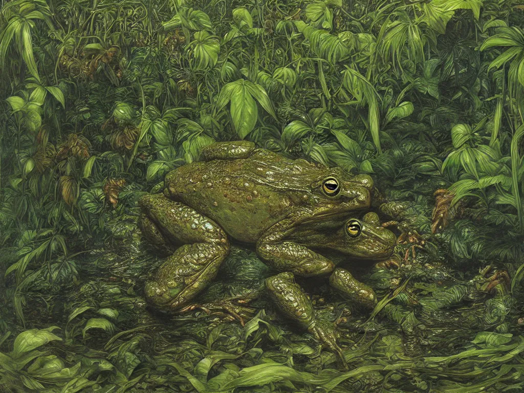 Prompt: a giant frog charging toward the viewer in a lush tropical jungle, fluid, smooth, bright, colours, high contrast, sharpness, very detailed, intricate, by donato giancola, gustave dore and junji ito