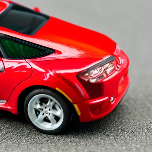 Image similar to a red haired woman driving a Jada toys mitsubishi eclipse green diecast car, high resolution macro photo