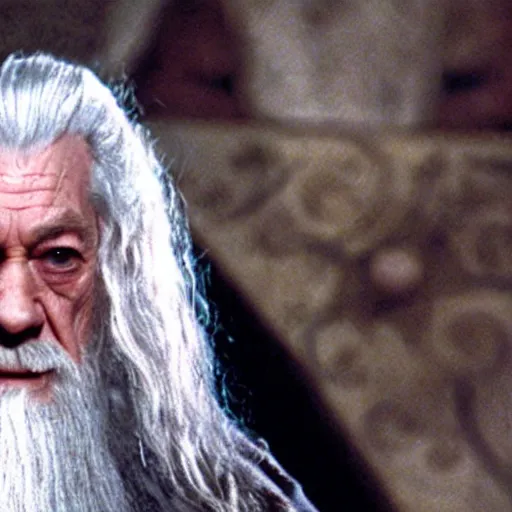 Image similar to gandalf with a pink bowtie on his head, holding a blank playing card up to the camera, movie still from the lord of the rings