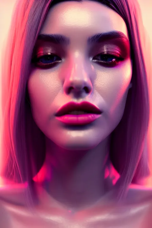 Image similar to beautiful female, attractive facial features, haze, model, intricate, symmetrical face, makeup, sephora, maybelline, studio, reflections, cinematic, filmic, vsco, concept art, artstation, elegant, model, gorgeous, vray, flim, octane render, ambient occlusion, prism details