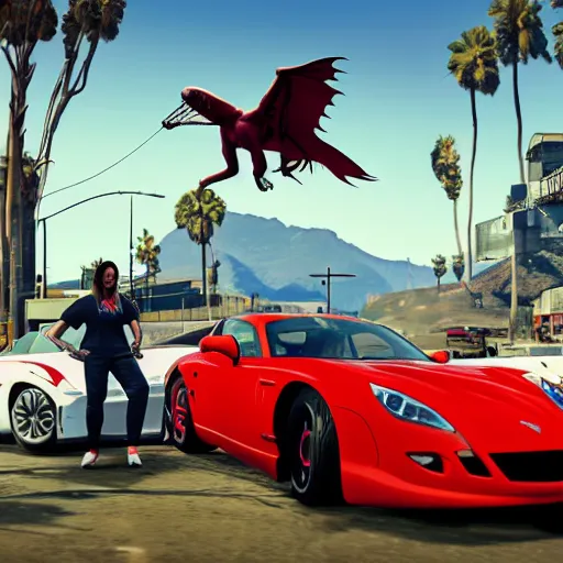 Prompt: A GTA 5 game loading screen featuring A Pterodactyl, La Llorona, a redhead Waifu, CHAPPIE in an Adidas track suit, and a TVR Sagaris