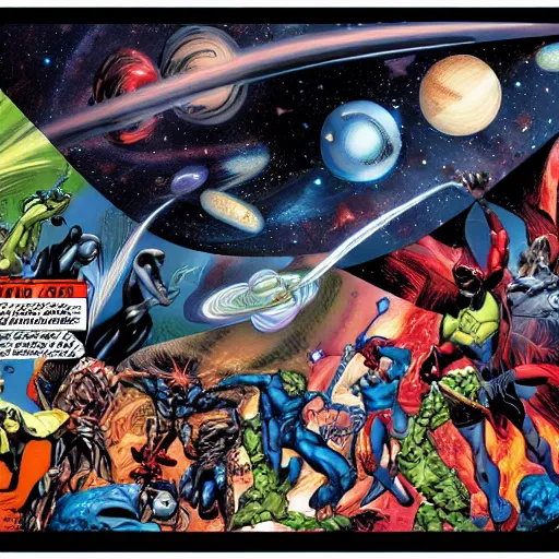 Prompt: an outside view of the universe, marvel comic book double page, hd, highly detailed art