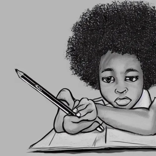 Prompt: a black boy with an afro hairstyle sits at the bench and writes something in a copybook with a pencil, the 9 0 s, garlem, black and white concept art