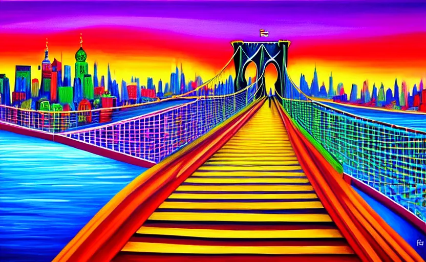 Image similar to a surreal colourful painting of brooklyn bridge on top of kremlin