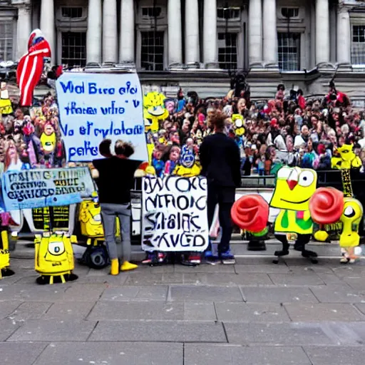 Prompt: spongebob squarepants protests against the british government at trafalgar square