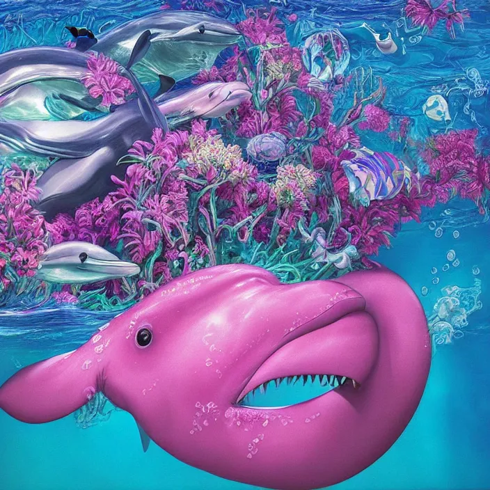 Prompt: trending on artstation, highly detailed, vaporwave surreal ocean, dolphins, pool, checkerboard pattern underwater, cuastics, award winning masterpiece with incredible details, artstation, a surreal vaporwave vaporwave vaporwave vaporwave vaporwave painting by thomas cole of an old pink mannequin head, flowers growing out of its head, sinking underwater, highly detailed