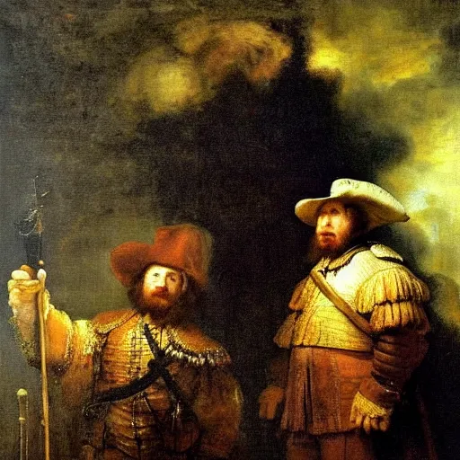 Prompt: de nachtwacht by rembrandt but as a bright cheerful painting