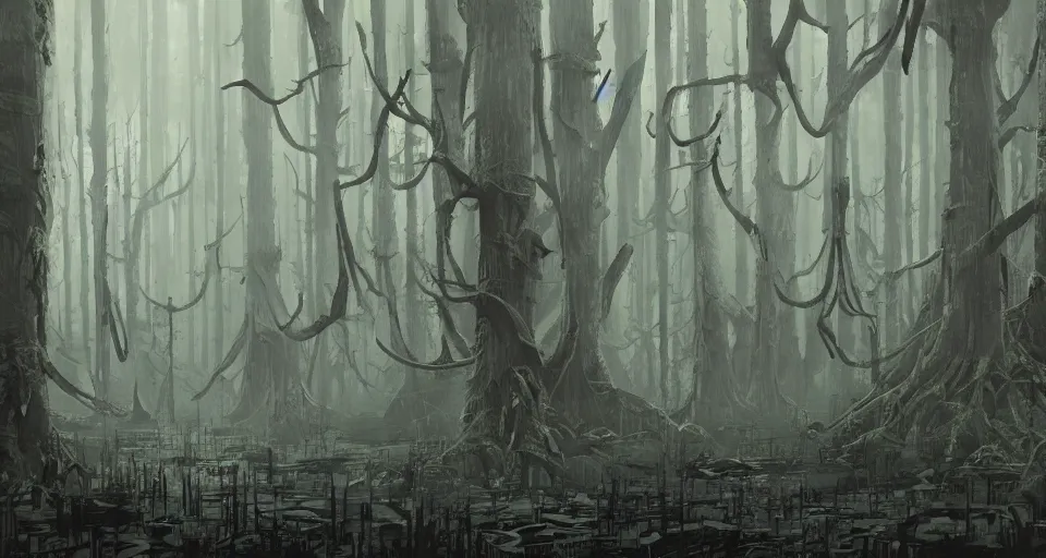 Image similar to A dense and dark enchanted forest with a swamp, by Ian McQue