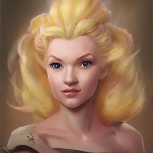 Image similar to cute princess peach as realistic blond human character art portrait, matte fantasy painting, deviantart artstation, by jason felix by steve argyle by tyler jacobson by peter mohrbacher, cinema c 9. 0