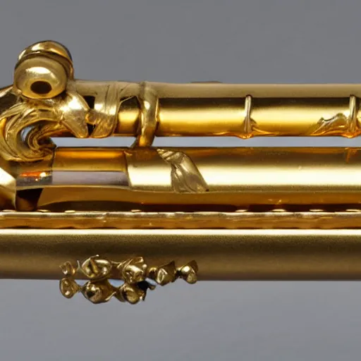 Prompt: studio photograph of a golden traverse flute