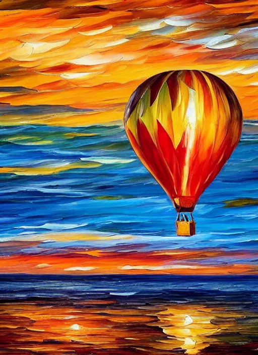 Image similar to beautiful hot air balloons over the ocean at sunset in the style of leonid afremov