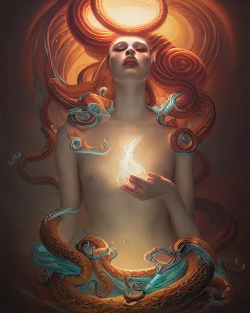 Prompt: beautiful woman made of swirling smoke serpents, radiant light, peter mohrbacher, ferdinand knab, artgerm, portrait