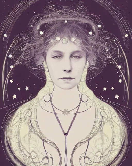 Prompt: a portrait of a galaxy as an androgynous druid spirit wearing a necklace of moons and stars, draped in transparent black cloth, flat colors, occult, minimal, swirly, bust by alphonse mucha, decorative art deco border, astrophotography, vast cosmos, digital illustration overlayed on photography, trending on artstation