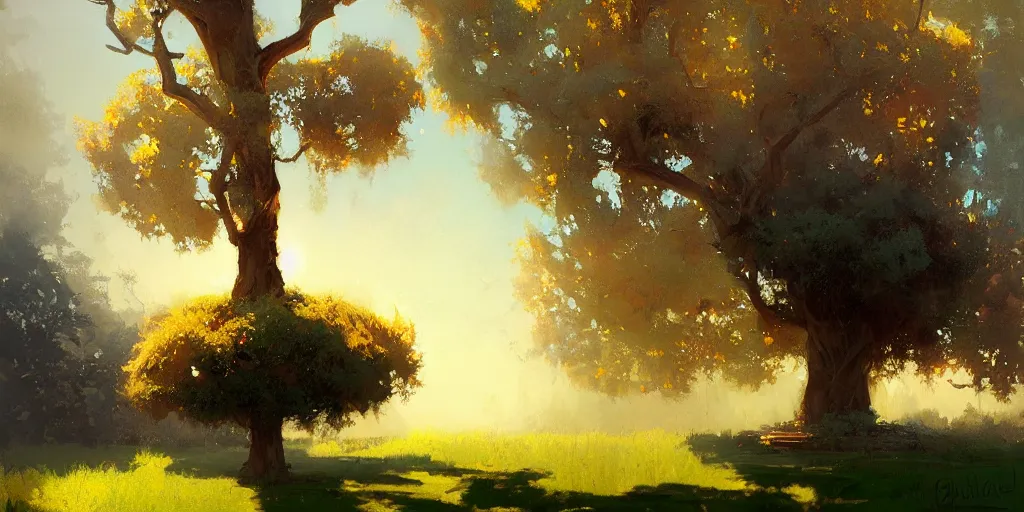 Image similar to digital art painting of a single tree in the middle of a front yard painted by craig mullins and gaston bussiere and greg rutkowski