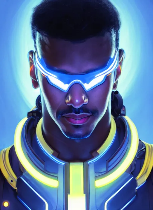 Image similar to symmetry portrait of lucio from overwatch, sci - fi, tech wear, glowing lights intricate, elegant, highly detailed, digital painting, artstation, concept art, smooth, sharp focus, illustration, art by artgerm and greg rutkowski and alphonse mucha