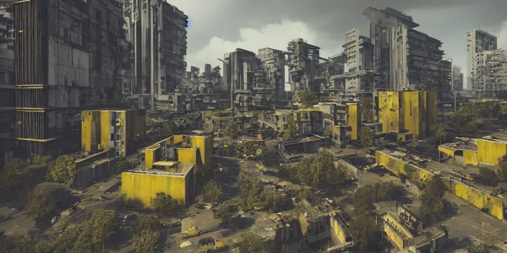 Prompt: brutalist yellow and black concrete cyberpunk with red and orange glow, architecture by Le Corbusier, abandoned red buildings, empty streetscapes, surrounded by lush green vegetation, ground-level view, puddles of water, stunning volumetric lighting, sunset, trending on Artstation, 8k, photorealistic, hyper detailed, unreal engine 5, cinematic, epic lighting, cryengine, octane render, dark, gloomy, foggy