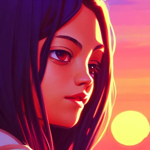 Image similar to Mila Kunis, sunset, intricate, highly detailed, digital painting, artstation, official media, anime key visual, concept art, rich vivid colors, ambient lighting, sharp focus, illustration, art by Artgerm, Makoto Shinkai, Ilya Kuvshinov, Lois Van Baarle, and Rossdraws