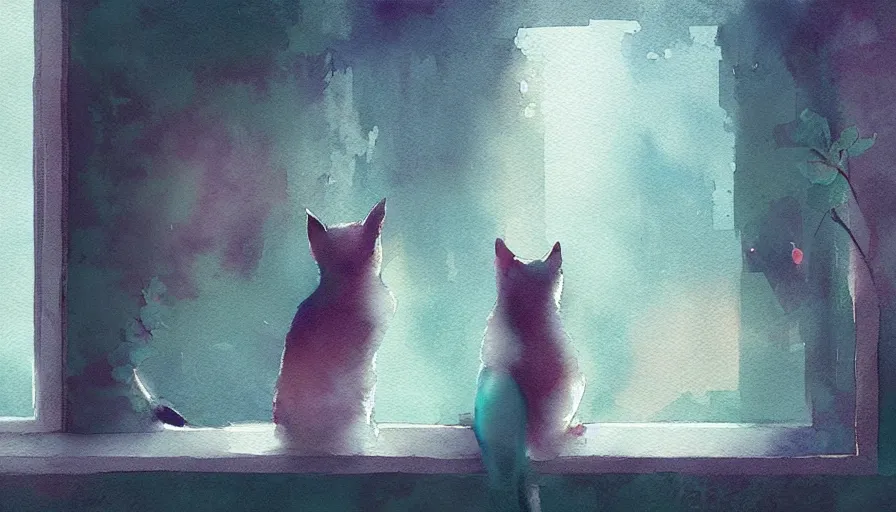 Image similar to watercolor illustration style, cute cats looking out the window, dreamy aesthetic, misty, trending on artstation, vivid colors, 8 k, filip hodas, jeremy mann