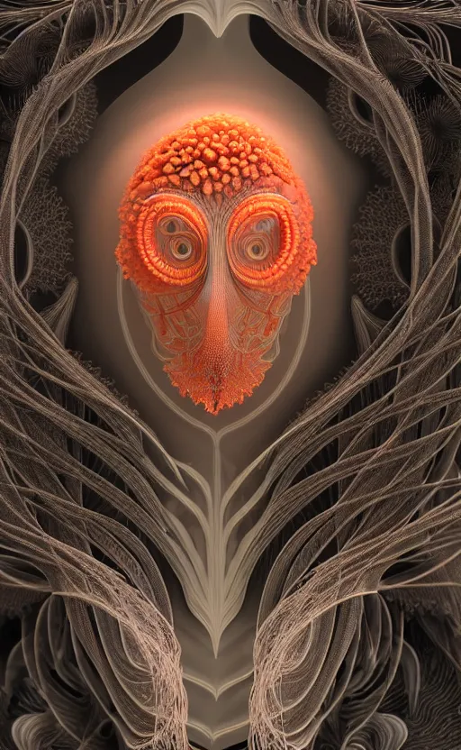 Image similar to portrait intricate mask, eagle coral, jelly fish, mandelbulb 3 d, fractal flame, octane render, cyborg, biomechanical, futuristic, by ernst haeckel