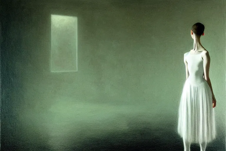 Image similar to hyperrealistica young beautiful ballerina in lush white and light white dress sits on the floor before the performance, in the style of beksinski, solarpunk, atmospheric, clean, intricate and epic composition, green by caravaggio, insanely quality, highly detailed, masterpiece, blue light, artstation, 4 k