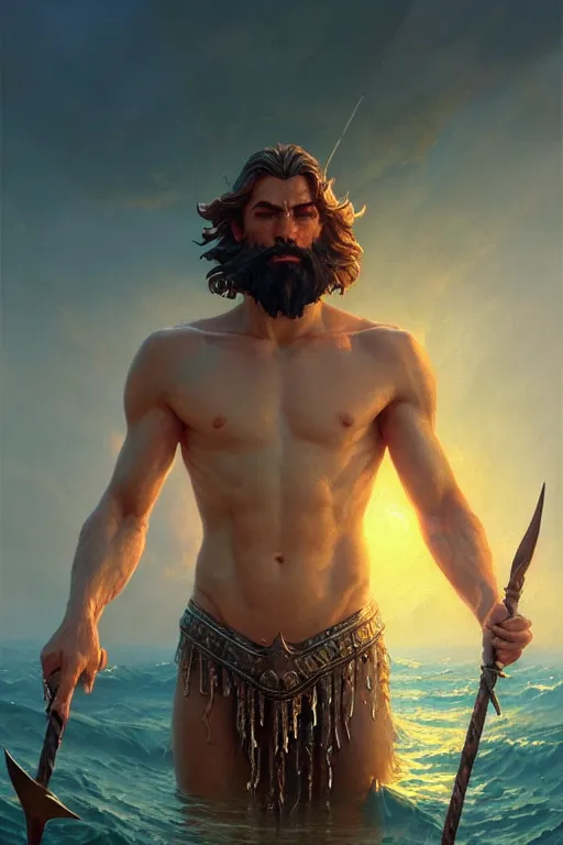 Image similar to highly detailed close up portrait of god poseidon holding trident, stephen bliss, unreal engine, fantasy art by greg rutkowski, rhads, ferdinand knab, makoto shinkai and lois van baarle, ilya kuvshinov, rossdraws, tom bagshaw, global illumination, radiant light, detailed and intricate environment