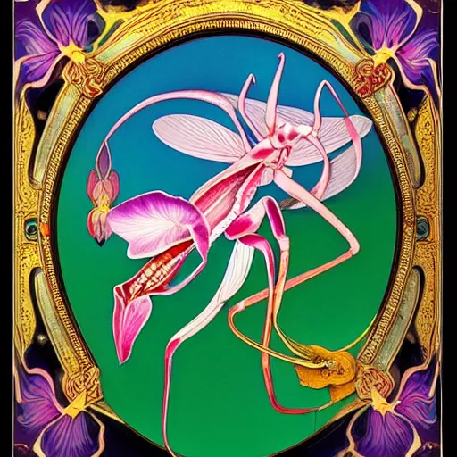 Image similar to majestic colorful orchid mantis cloisonne enamel by leon bakst and yoshitaka amano, cloisonne, beautiful hyperdetailed art nouveau orchids, james jean, amanda sage