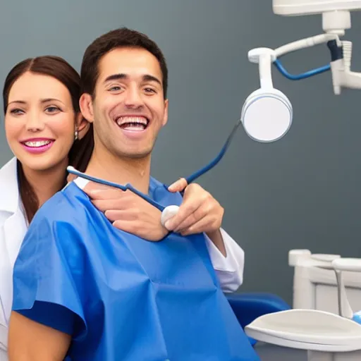 Prompt: dentist with super - happy patient while drilling