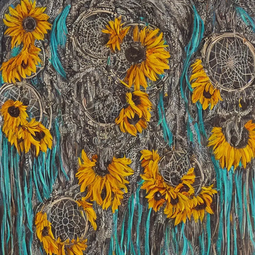 Image similar to Sunflowers dreamcatchers embedded into one another. Artwork with strong tribal influences.