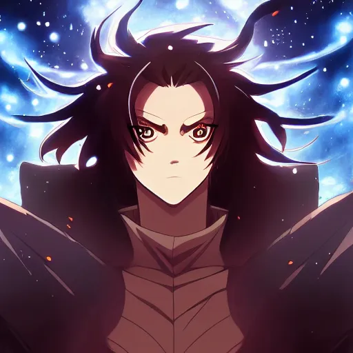 Prompt: handsome guy in demon slayer art, night, stars, wonderful, anime style, 4k , detailed, detailed face, high quality, smooth, sharp focus, beautiful scene, detailed head, light, fantasy, dark-S 2600281147