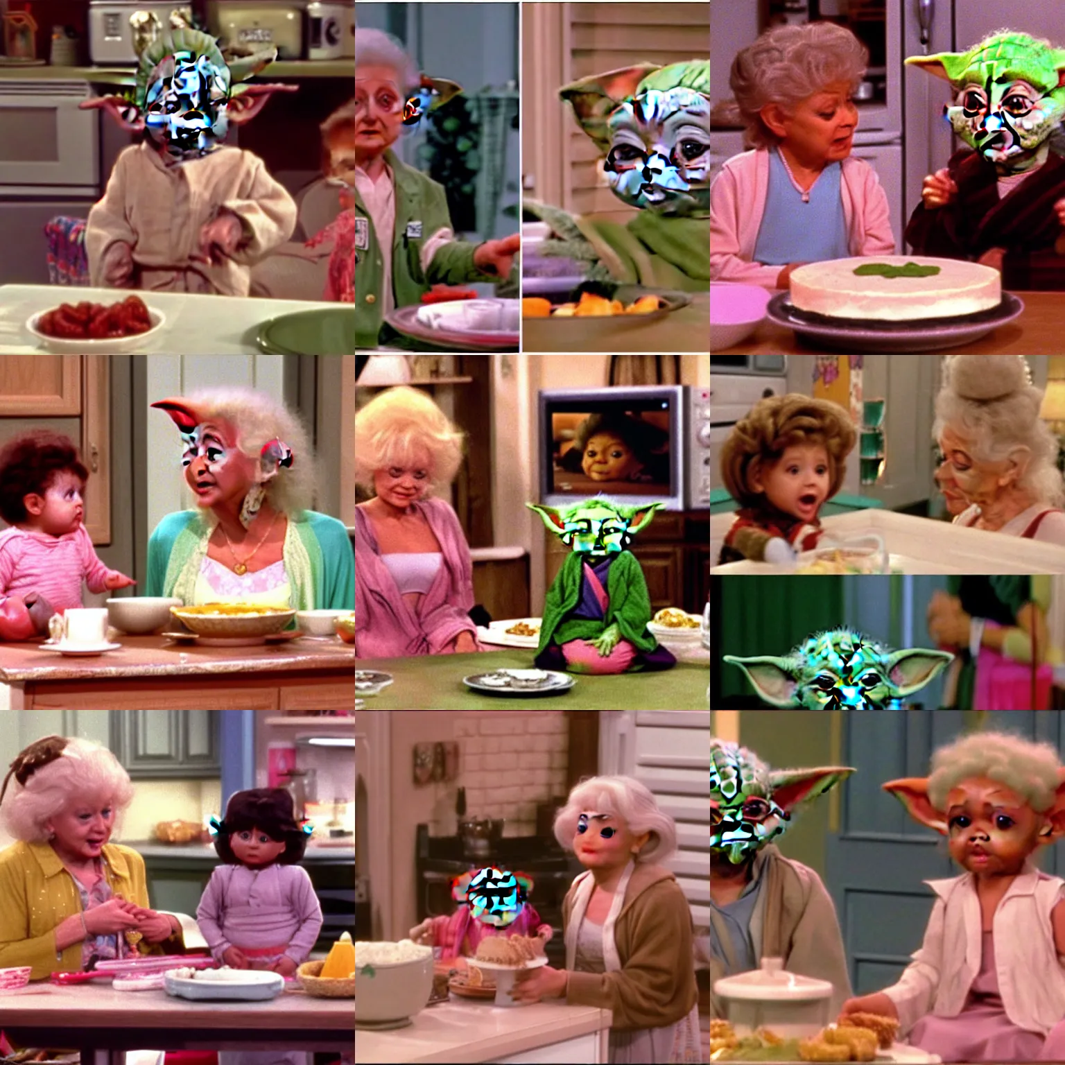 Prompt: baby yoda ( 2 0 1 4 ) as sophia on the tv show golden girls ( 1 9 8 5 ), sophia is in the kitchen table eating cheesecake next to dorothy. 8 k, 4 k