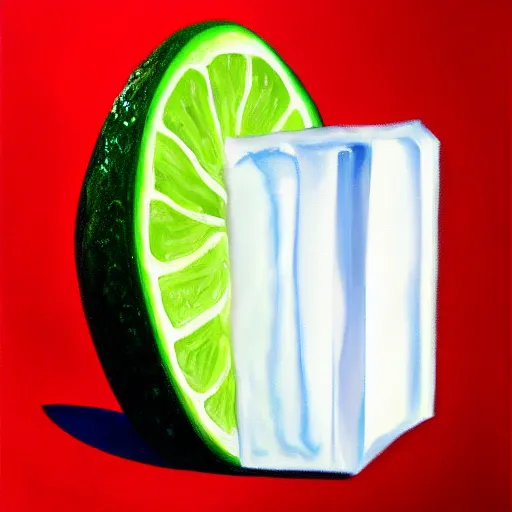 Image similar to realistic painting of an ice cube beginning to melt next to a lime wedge, black background