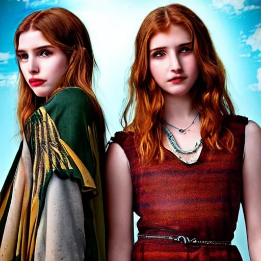 Image similar to young Emma Roberts and Thomasin McKenzie and young Mädchen Amick as a trio of goddesses of ravens looking searchingly into your eyes. minute detail. blended shadowing. tricolors. ultra colorful. perfect lighting. perfect pose. amazing creative portrait illustration. the best portrait of 3 beautiful goddesses in existence. large format image. image appears 3D.