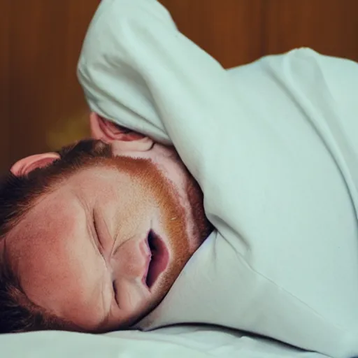 Image similar to a ginger man sleeping on his back, mouth open, face closeup