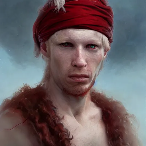 Prompt: very detailed portrait photo photo of an mature pale albino albino albino african pirate with red headband and curly curly hair, featured in artstation, photo art by Greg Rutkowski, WLOP, Dan Mumford, Christophe Vacher